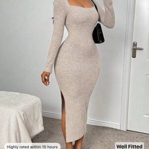 Elegant Beige Ribbed Knit Dress